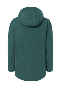 Waterdichte jas in donkerteal, met een capuchon, lange mouwen en een rechte snit. Soepele textuur met minimale stikdetails.
