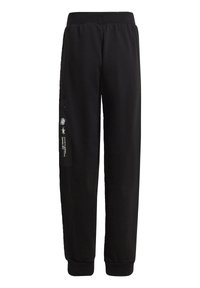 Schwarze Jogginghosen mit einem elastischen Bund, Bündchen an den Knöcheln und einer Seitentasche mit grafischen Druckdetails. Weiche Stoffstruktur überall.