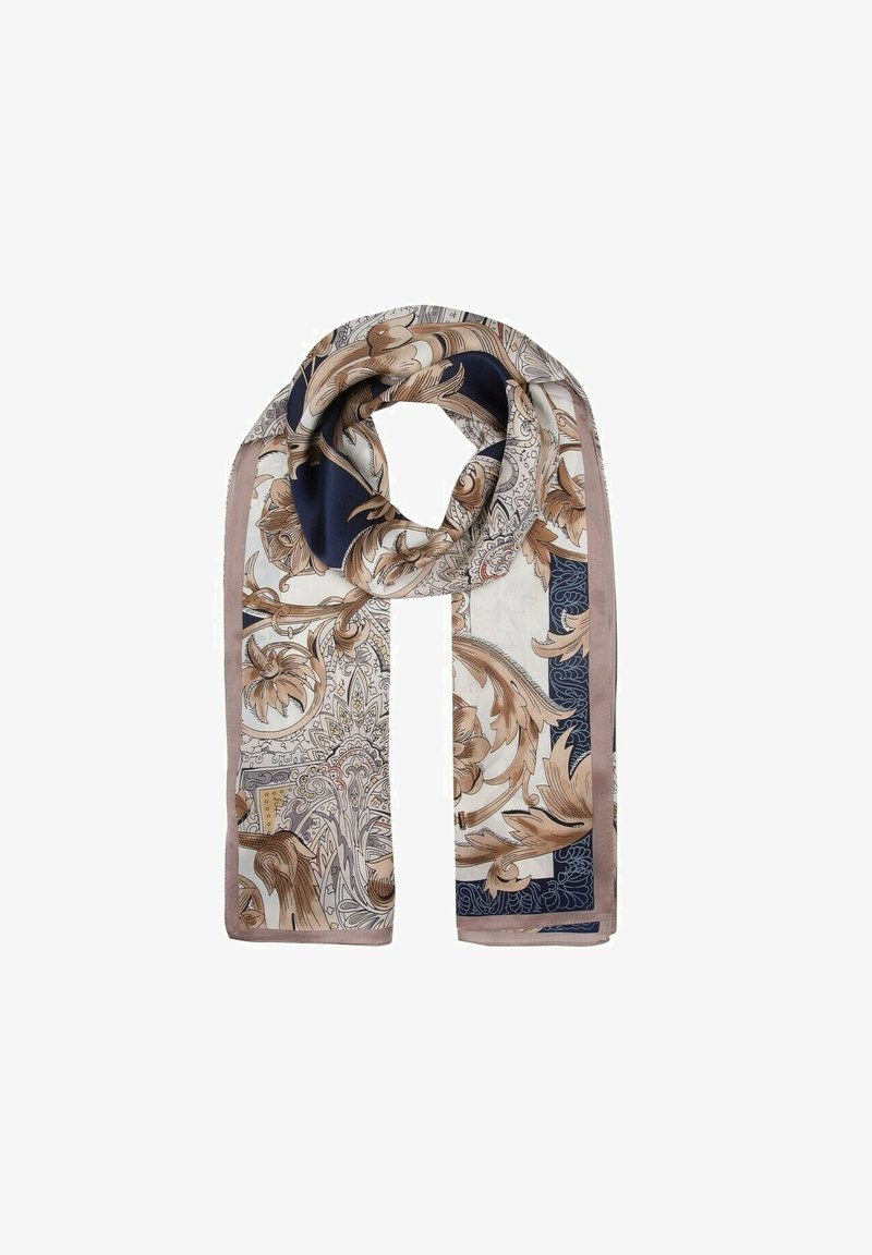 Longue écharpe rectangulaire avec motifs floraux et cachemire beige, bleu marine et gris, drapée en boucle sur fond blanc.