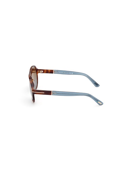 Occhiali da sole tortoise marrone con bracci grigio-blu, caratterizzati da una forma rettangolare elegante e dettagli in metallo sui templi.