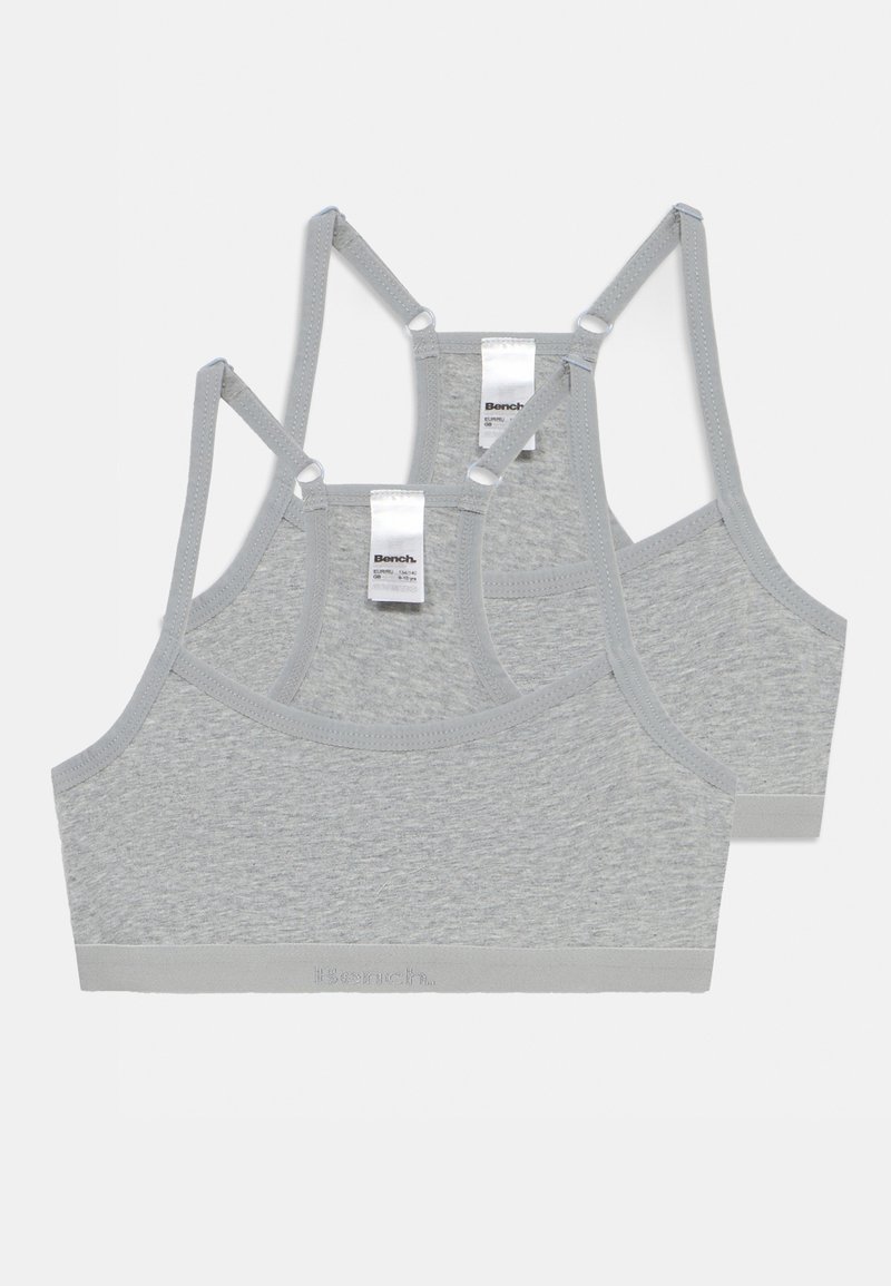 Dve šedé braletky vyrobené z jemnej bavlnenej zmesi, s nastaviteľnými ramienkami, zaobleným výstrihom a priliehavým pásom s jemným brandingom.