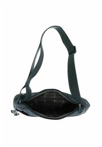 Borse a tracolla verde con esterno strutturato e tracolla regolabile. Presenta una chiusura con zip e una fodera interna a motivi.