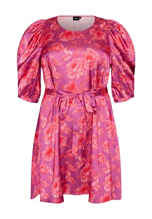Zizzi, GEBLÜMTES KLEID MIT PUFFÄRMELN UND BINDEGÜRTEL - Freizeitkleid - pink