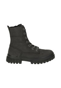 Zwarte suède enkellaarsjes met een vetersluiting aan de voorkant, voorzien van metalen ogen en een stevige rubberen zool met diepe profiel voor grip.