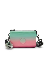 Petit sac banane avec un dégradé allant du vert menthe au rose. Fabriqué en matériau lisse, il comprend une sangle noire et des accents de porte-clés en fourrure.