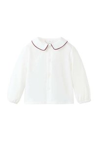 Bijela bluzica dugih rukava s okruglim ovratnikom s bordo obrubom, prednjim kopčanjem na dugmad i nabranim elastičnim manžetama. Glatka tekstura tkanine.