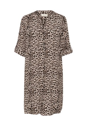 Løvepunktet skjorte i blødt stof; har en knaplukning foran, krave og korte ærmer. Farvepaletten inkluderer beige, sort og brune pletter.