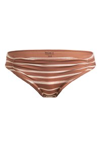 Bas de bikini rayé marron avec un design froncé. Fabriqué en tissu doux et extensible, il offre un ajustement serré pour le confort et le style.