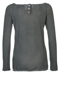 Langärmliges Shirt aus dunkelgrauem Strickstoff mit U-Boot-Ausschnitt, drei Knöpfen an der Vorderseite und einer taillierten Silhouette.