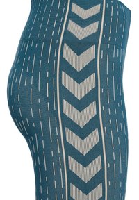 Niebieskie legginsy z pionowymi przerywanymi liniami i centralną kolumną białych wzorów jodełki po bokach.