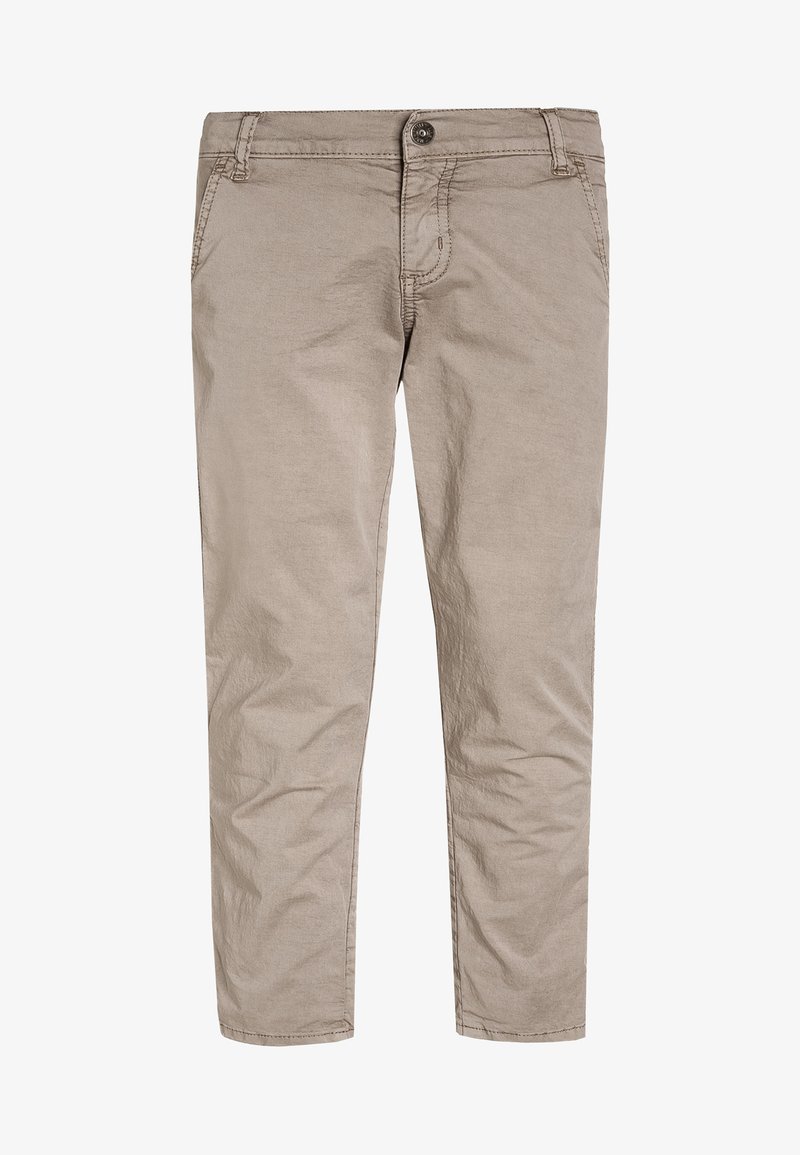 Pantalon beige à jambes droites avec fermeture à bouton et zip, poches avant, et coutures visibles, présenté sur fond blanc.