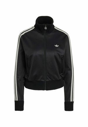 Veste de survêtement en satin noir avec col montant, fermeture éclair intégrale, poignets côtelés et deux poches latérales. Présente des bandes blanches sur les manches et un logo.