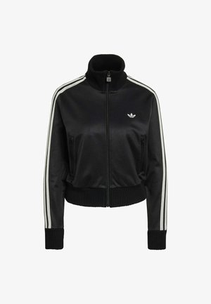 Black satin track jacket with high collar, full zipper, ribbed cuffs, and two side pockets. Features white stripes on sleeves and a logo.