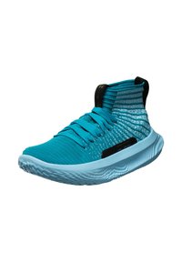 Scarpa sportiva turchese con tomaia in maglia, punta rotonda e accenti neri. Presenta una suola testurizzata e lacci elastici per un design aderente.
