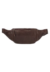 Marsupio in pelle marrone con superficie texturizzata, chiusura con zip e tracolla regolabile. Forma compatta ed ergonomica per un indossaggio confortevole.