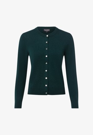 Dark green long-sleeve cashmere cardigan with round neckline and eight front buttons, labeled size small.