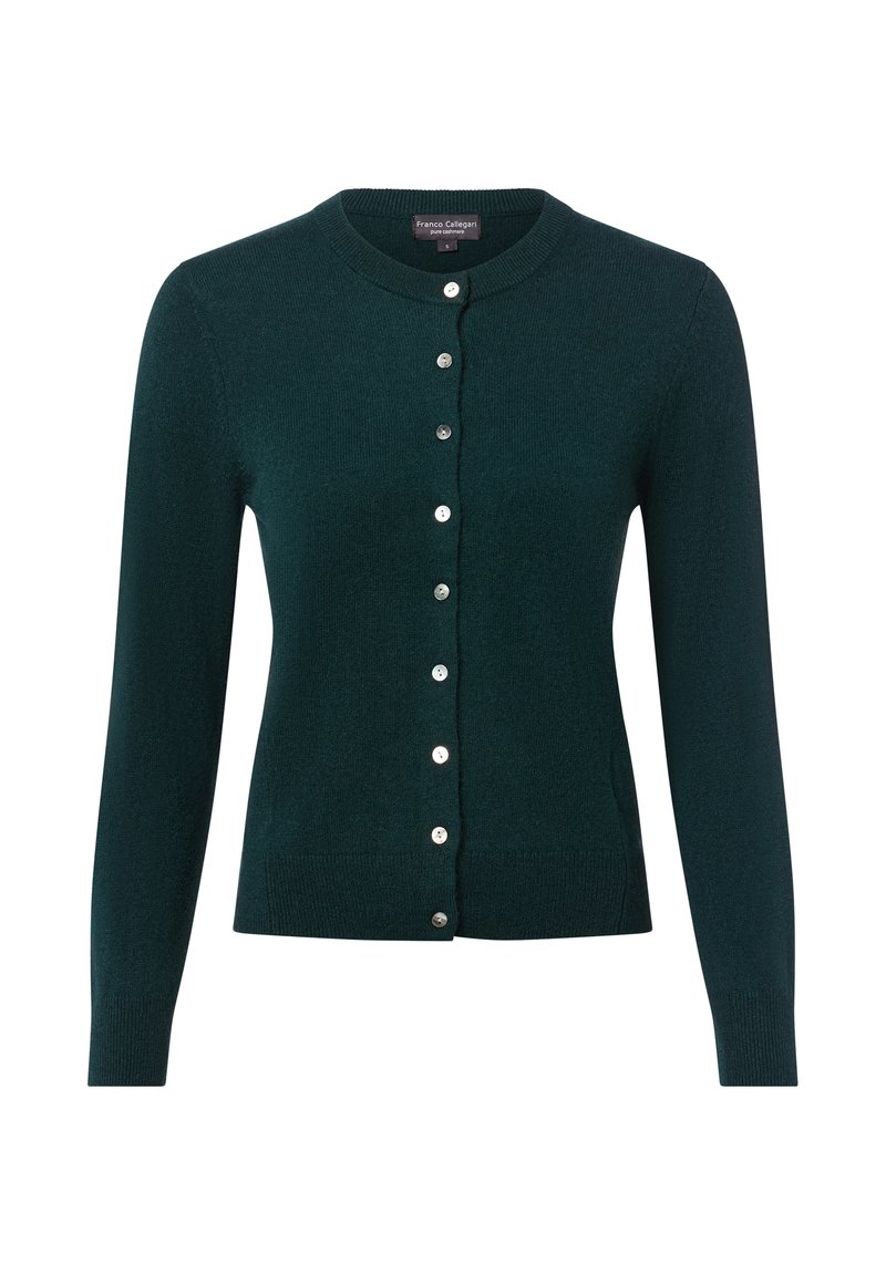 Dunkelgrüner, langärmeliger Kaschmir-Cardigan mit runder Ausschnitt und acht vorderen Knöpfen, Größe S.