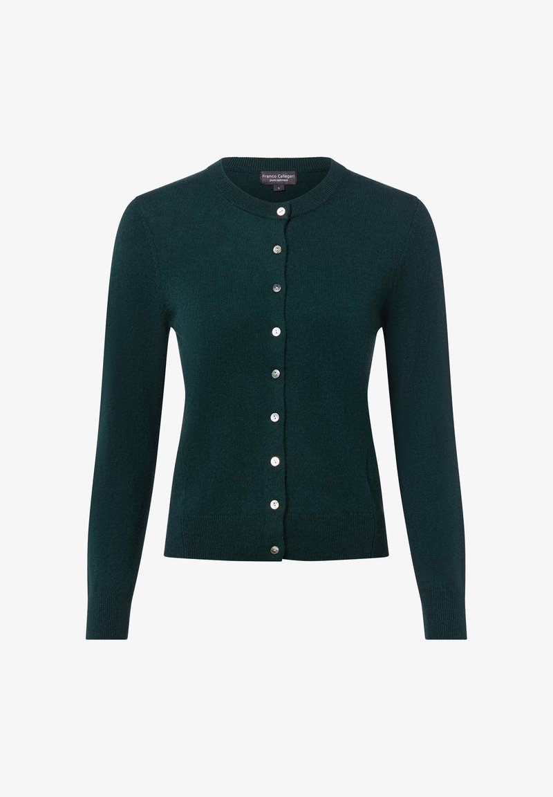 Dunkelgrüner, langärmeliger Kaschmir-Cardigan mit runder Ausschnitt und acht vorderen Knöpfen, Größe S.