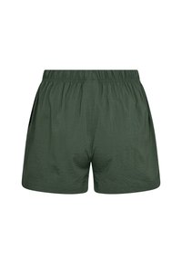 Green, textured shorts with an elastic waistband and pockets. Fabric features a subtle pattern. Designed for comfort and casual wear.