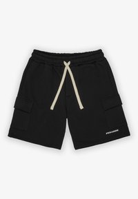 Pantaloni cargo neri realizzati in materiale morbido, con vita elasticizzata e cordino crema, e due tasche laterali. Logo "PEGADOR" in bianco.
