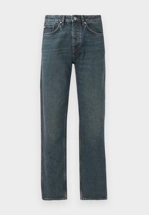 Mørkeblå denimjeans med rett ben-design, med fem lommer, knappeåpning og kontrasterende sømdetaljer.