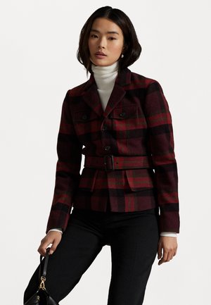 Karierten Blazer in Dunkelrot und Schwarz, mit taillierter Silhouette, doppelreihigen Knöpfen und einem Gürtel in der Taille sowie Fronttaschen.