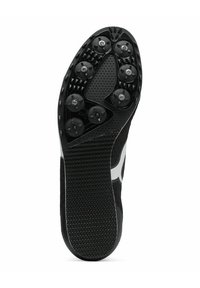 Zwarte sportieve schoen outsole met een gestructureerd oppervlak en meerdere cirkelvormige nopjes voor grip en tractie, benadrukt door een glad middenpaneel.