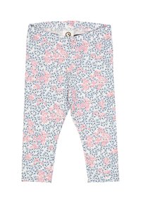 Květované legíny v světle modré látce, s malými růžovými květy a tmavě modrými listy. Elastický pas, přiléhavý střih, měkká textura.