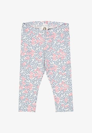 Květované legíny v světle modré látce, s malými růžovými květy a tmavě modrými listy. Elastický pas, přiléhavý střih, měkká textura.