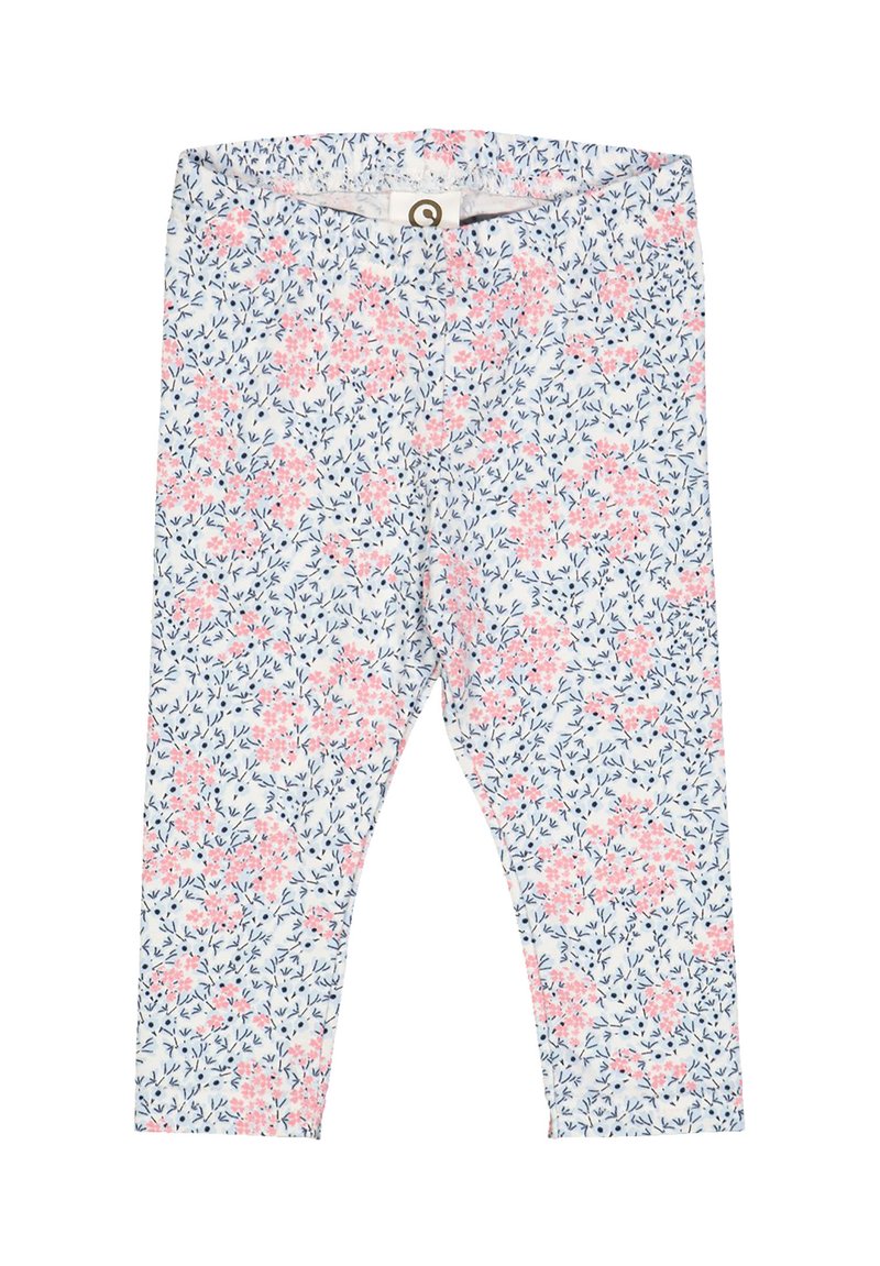 Květované legíny v světle modré látce, s malými růžovými květy a tmavě modrými listy. Elastický pas, přiléhavý střih, měkká textura.