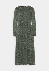 Vestido de manga larga en verde oscuro con un patrón floral en tonos azul verdoso y marrón, con cuello redondo y un diseño fluido.