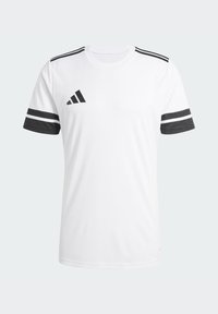 White athletic t-shirt with black accents. Features short sleeves with black and white stripes, and a logo on the left chest area.