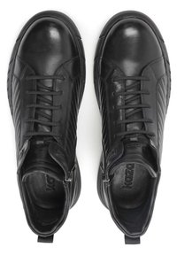 Black leather high-top shoes feature lace-up design with a zip closure, textured side panels, and a smooth finish. Rubber soles provide traction.