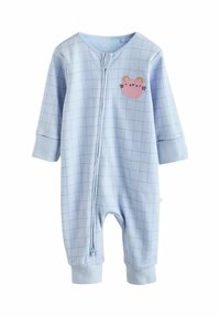 Light blue onesie with a grid pattern, featuring long sleeves and a pink cat embroidery on the chest. Made of soft, stretchy fabric.