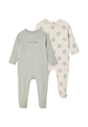 Zwei langärmelige Baby-Strampler, einer in einfarbigem Hellgrün mit französischem Text, der andere cremefarben mit großen hellgrauen Punkten, beide mit Füßen und gerippt.