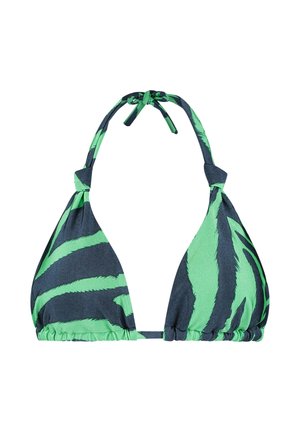 Trojúhelníkové plavky s tropickým vzorem zelených a černých listů, se zavazováním na krku a zavazováním na zádech.