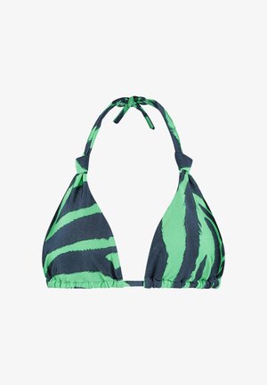 Trojúhelníkové plavky s tropickým vzorem zelených a černých listů, se zavazováním na krku a zavazováním na zádech.