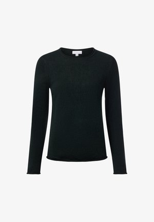 Chemise à manches longues en tissu côtelé vert foncé, dotée d'un col rond, de poignets sans couture et d'une ourlet droit.