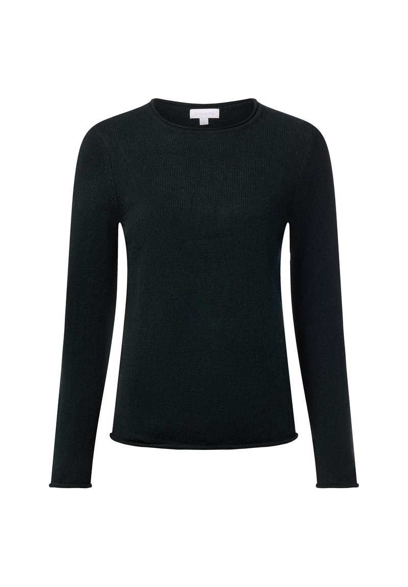 Chemise à manches longues en tissu côtelé vert foncé, dotée d'un col rond, de poignets sans couture et d'une ourlet droit.