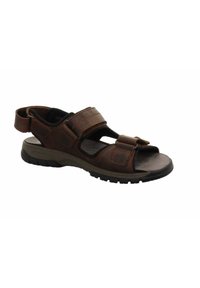 Brown leather sandal with adjustable straps, open toe design, and a cushioned insole. Features a rubber outsole for traction and stability.