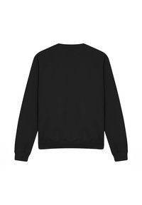 Black sweatshirt, crew neck, long sleeves, ribbed cuffs and hem, smooth texture, plain design, no visible labels or patterns.