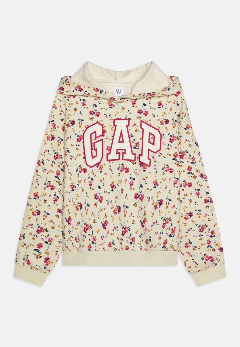 Sweat à capuche crème à motif floral pour enfants, avec lettrage "GAP" rose sur la poitrine, manches longues et poignets et ourlet côtelés.