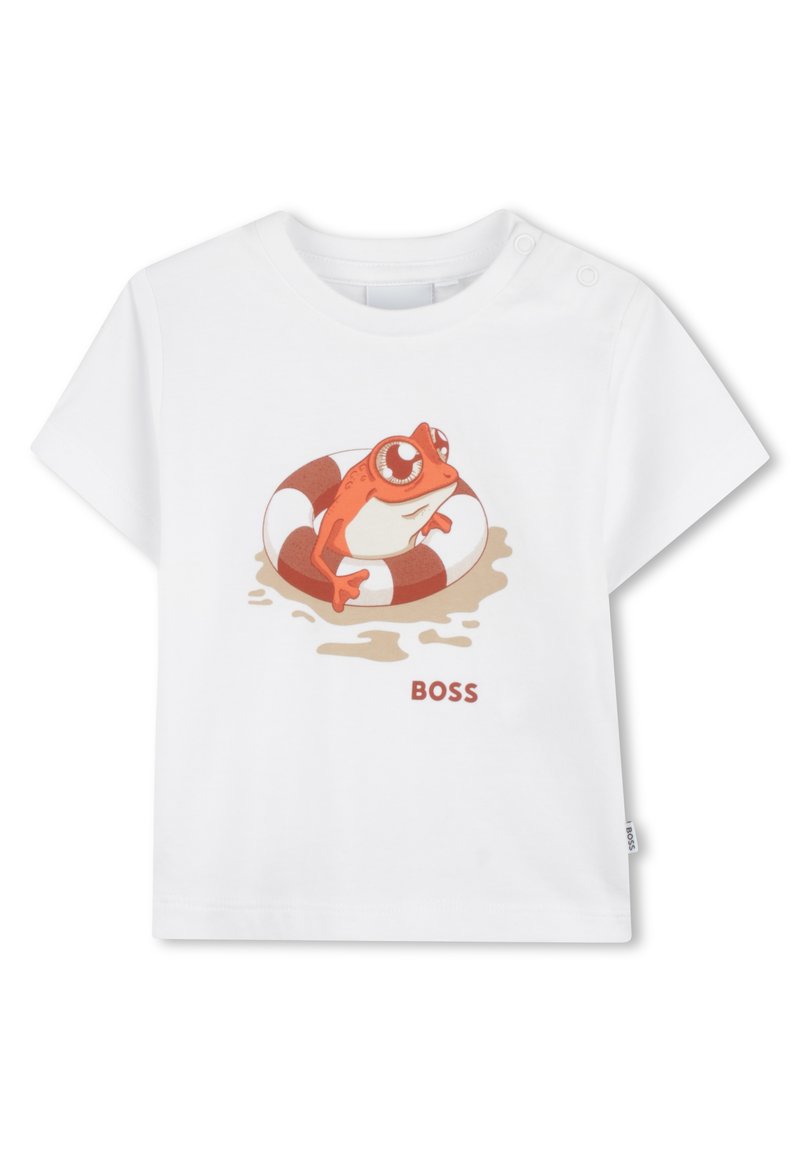 Bela bomba majica iz bombaža s prikazom rdečega in belega reševalnega obroča ter risanega žabca. Pod grafiko je v rdeči barvi natisnjen napis "BOSS".