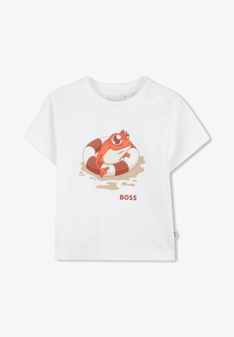 Λευκό βαμβακερό t-shirt με γραφικό διάσωσης κόκκινου και άσπρου χρώματος και καρτούν βάτραχο. Το κείμενο "BOSS" είναι τυπωμένο σε κόκκινο κάτω από το γραφικό.