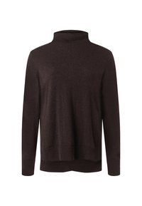 Pull col roulé marron en tissu doux, avec des manches longues et une coupe décontractée. Les poignets et l'ourlet côtelés ajoutent de la texture et du détail.