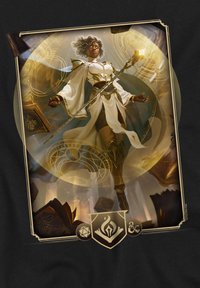 T-shirt design featuring a fantastical figure in white robes with gold accents, holding a staff, against a golden background with symbols and books.