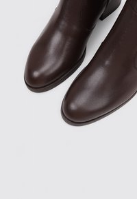 Botas de cuero marrón hasta el tobillo con punta afilada, textura suave y un diseño minimalista. Tacón redondeado y detalle de costura sutil.