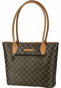 Brown patterned tote bag with gold accents, featuring two long handles, a zippered front pocket, and a smooth leather finish.