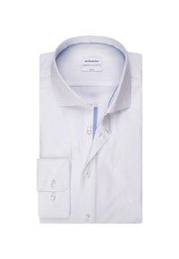Chemise blanche à manches longues avec une coupe slim, col boutonné et accents bleu clair. Présente des boutons en nacre et un design à poignet simple.