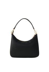 Bolso de mano de cuero negro con parte superior curva, base redondeada y detalles en metal dorado, que cuenta con un cierre de cremallera y una textura suave.